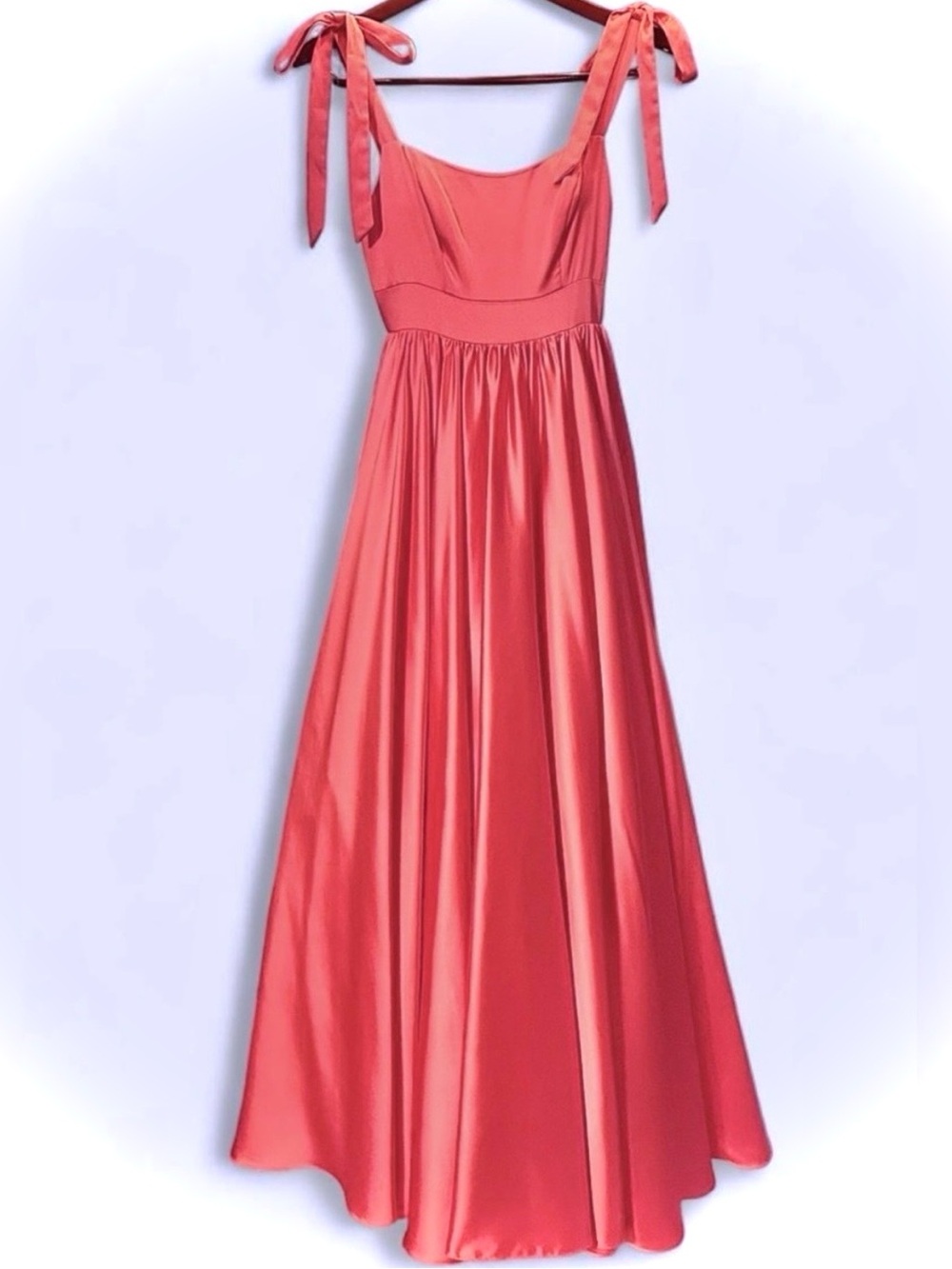 NEW Sz 2/XS Mac Duggal Satin Full Gown Ribbon Tie Strap Maxi Dress Pink Coral